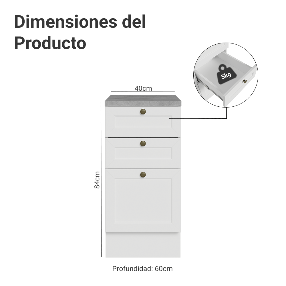 Bajo Mesada de Cocina 40 x 60 cm 3 Cajones (con Mesada) Blanco Vik Madesa