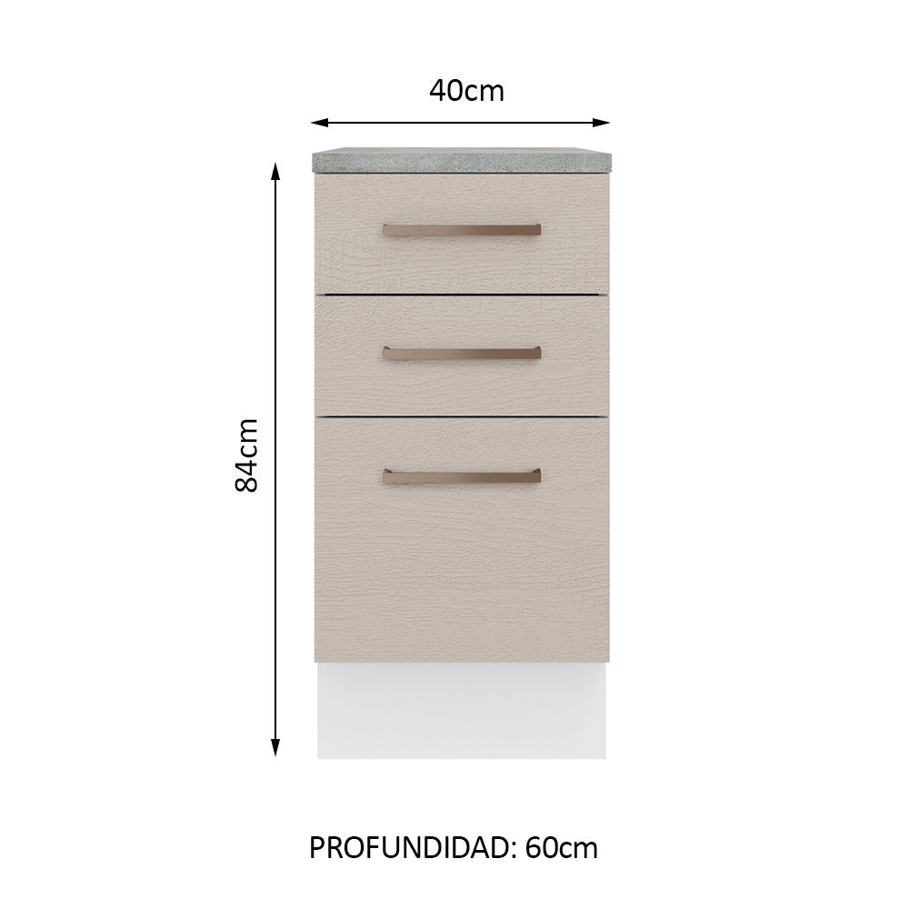 Bajo Mesada 40 x 60 cm, 3 Cajones (Con Mesada) Agata Blanco/Crema