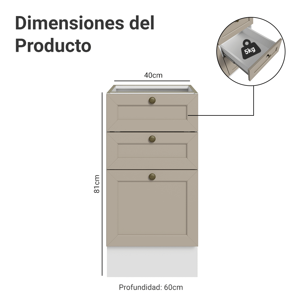 Bajo Mesada 40 x 60 cm 3 Cajones (Sin Mesada) Blanco/Crema Vik Madesa