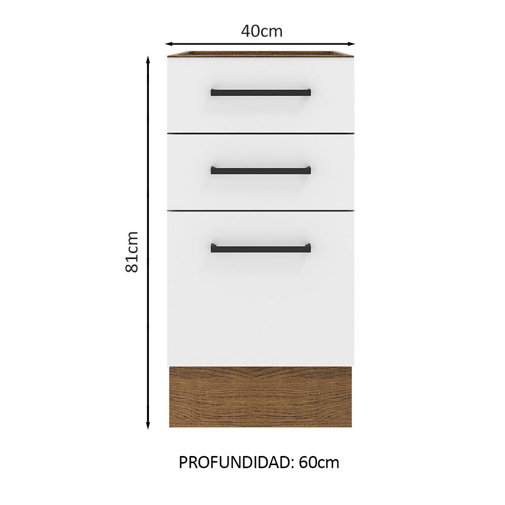 Bajo Mesada Cocina 40 x 60 cm 3 Cajones (Sin Mesada) Marrón/Blanco Agata Madesa