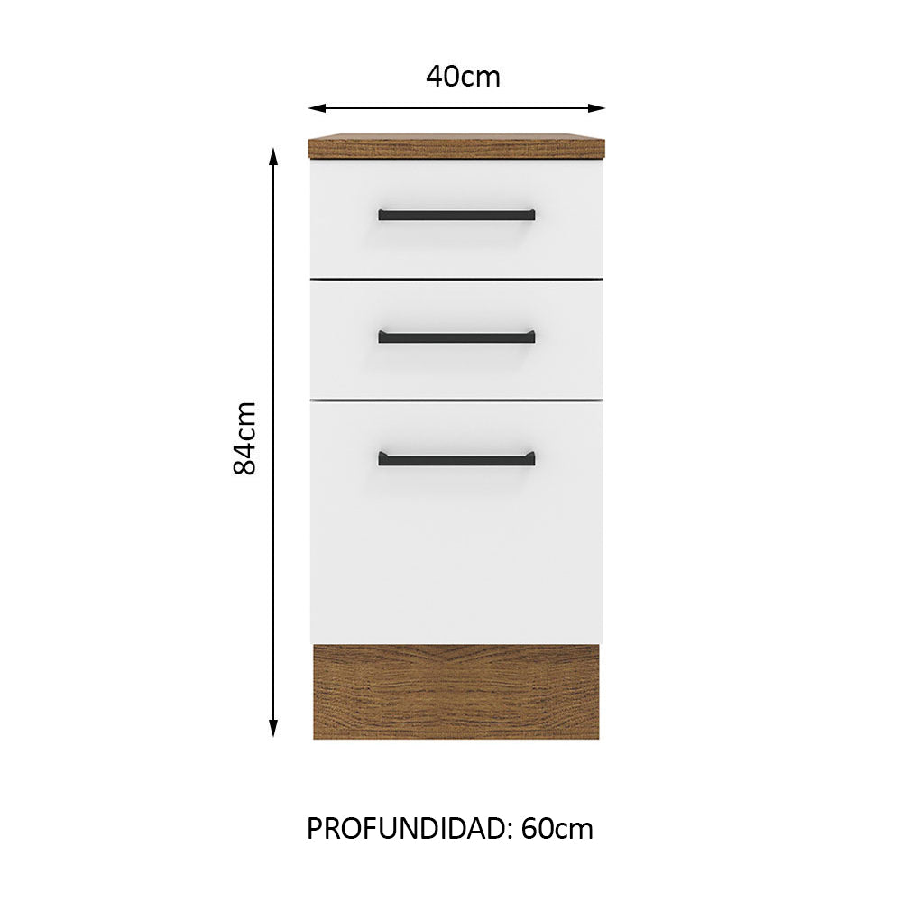Bajo Mesada Cocina 40 x 60 cm 3 Cajones (Con Mesada) Marrón/Blanco Agata Madesa