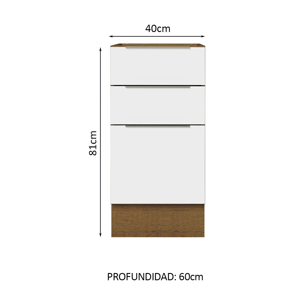 Bajo Mesada Cocina 40 x 60 cm 3 Cajones (Sin Mesada) Marrón/Blanco Stella Madesa