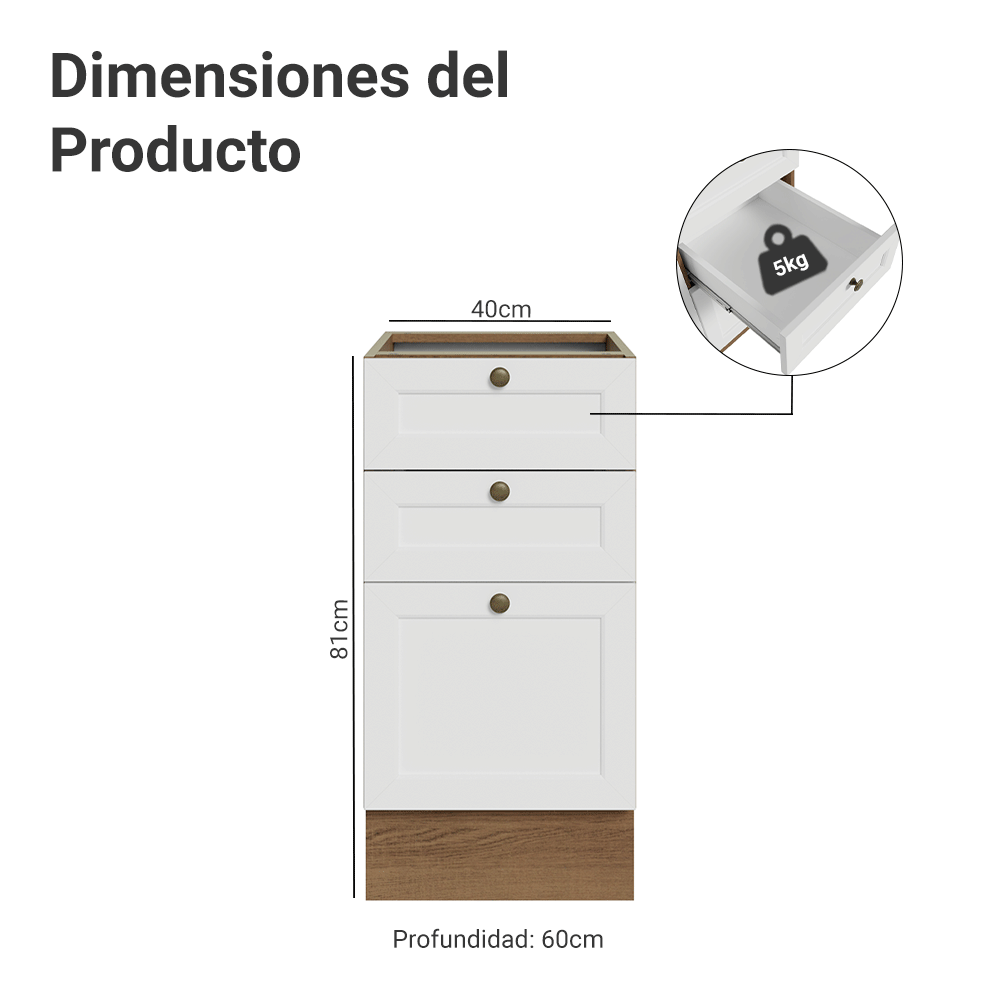 Bajo Mesada de Cocina 40 x 60 cm 3 Cajones (Sin Mesada) Marrón/Blanco Vik Madesa