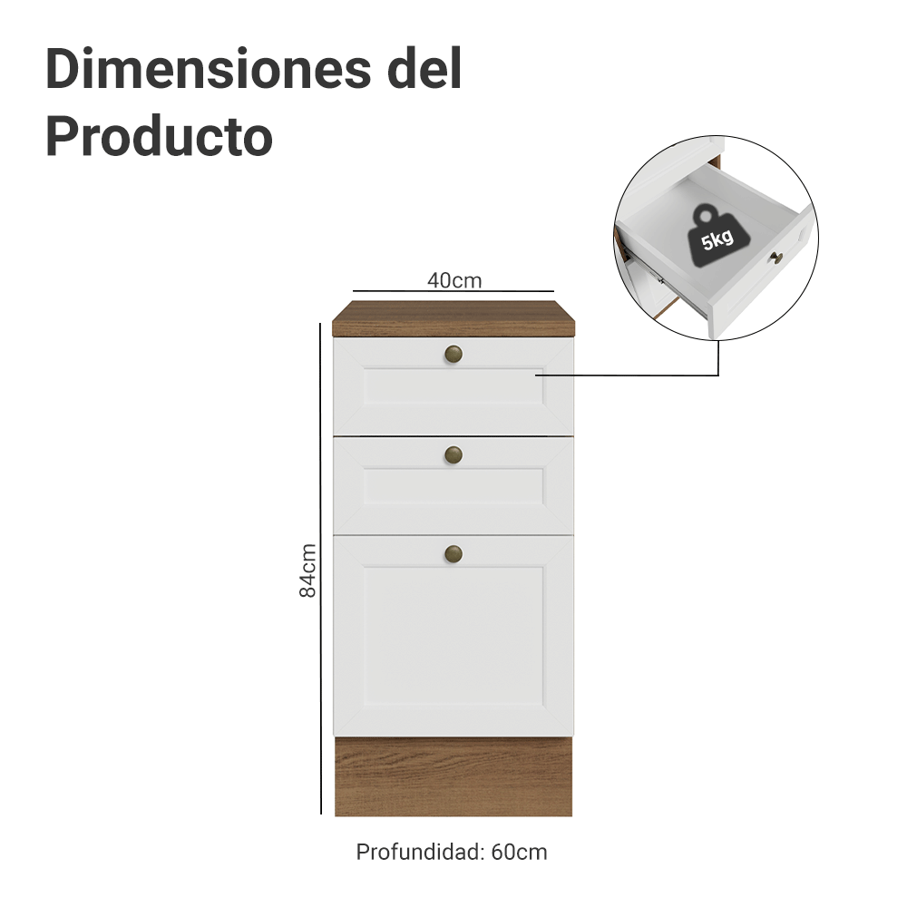 Bajo Mesada de Cocina 40 x 60 cm 3 Cajones (con Mesada) Marrón/Blanco Vik Madesa