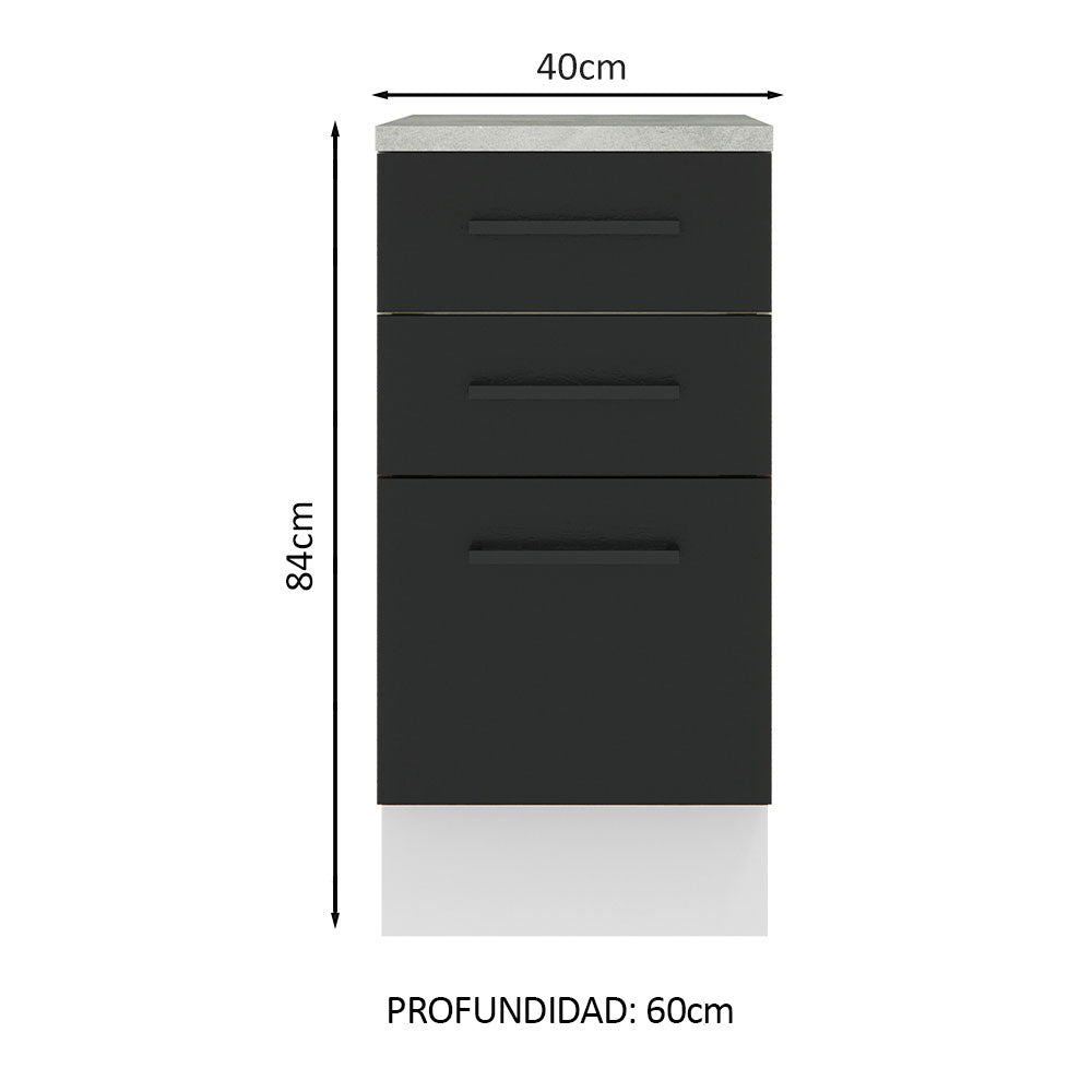 Bajo Mesada Cocina 40 x 60 cm 3 Cajones (Con Mesada) Blanco/Negro Agata Madesa