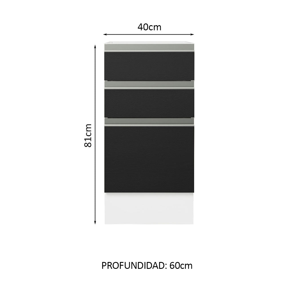 Bajo Mesada Cocina 40 x 60 cm 3 Cajones (Sin Mesada) Blanco/Negro Glamy Madesa