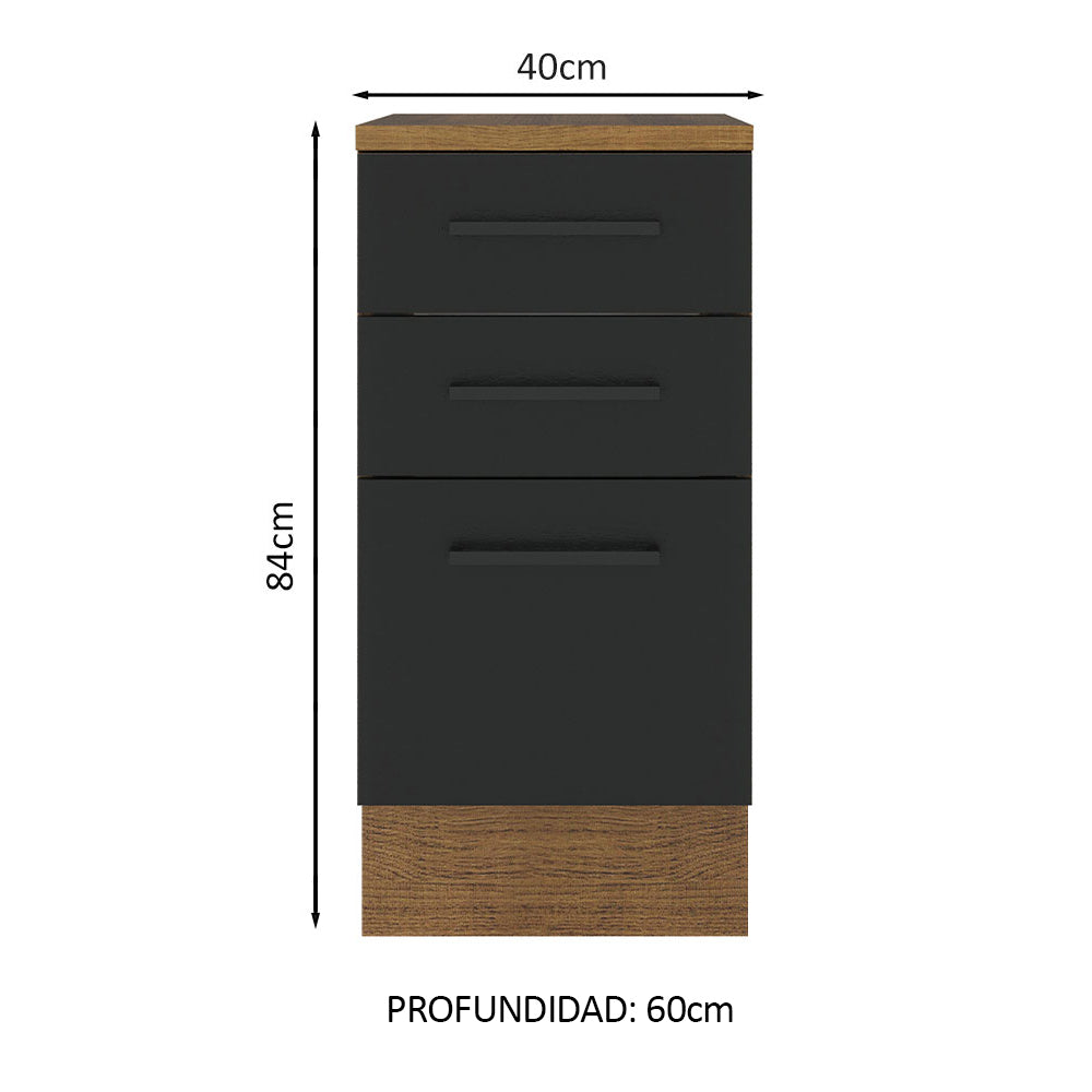 Bajo Mesada Cocina 40 x 60 cm 3 Cajones (Con Mesada) Marrón/Negro Agata Madesa