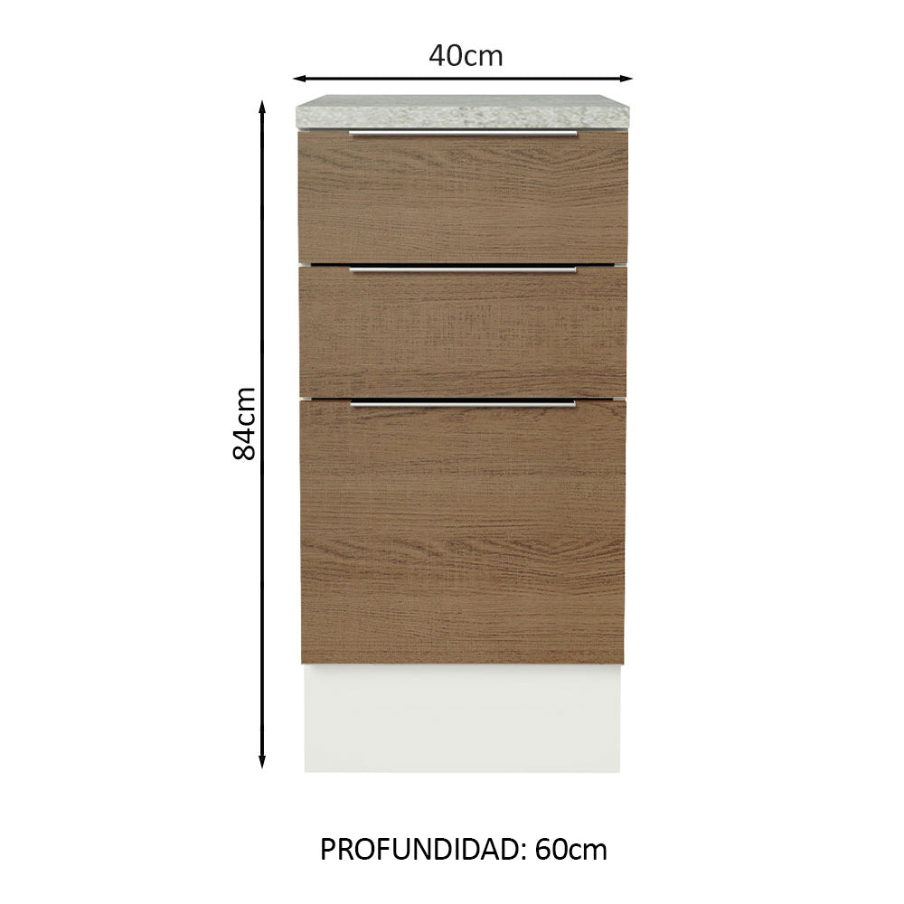 Bajo Mesada Cocina 40 x 60 cm 3 Cajones (Con Mesada) Blanco/Marrón Stella Madesa