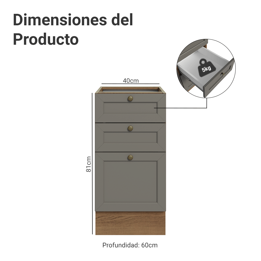 Bajo Mesada de Cocina 40 x 60 cm 3 Cajones (Sin Mesada) Marrón/Gris Vik Madesa