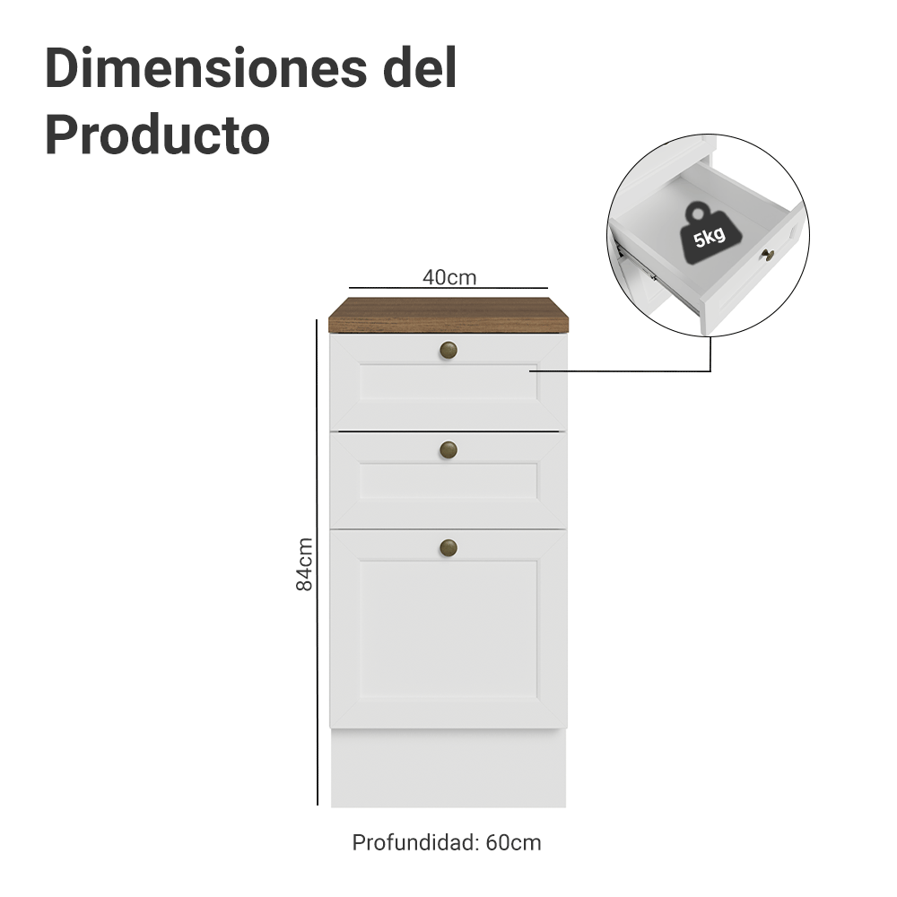 Bajo Mesada de Cocina 40 x 60 cm 3 Cajones (con Mesada) Blanco/Marrón Vik Madesa