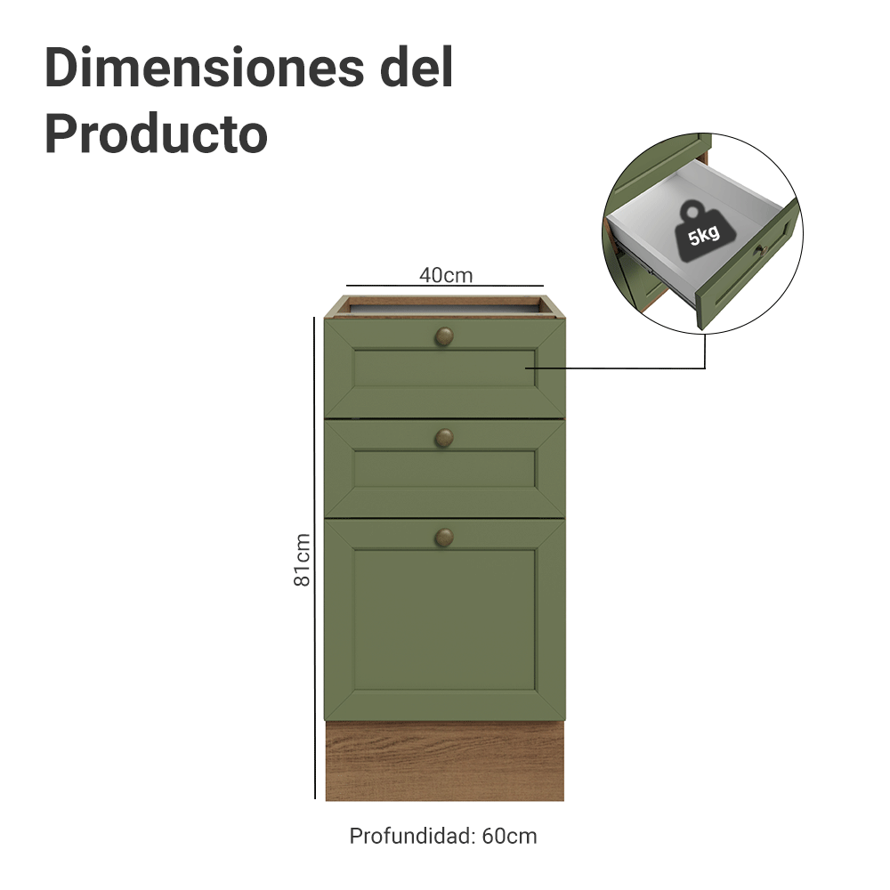 Bajo Mesada de Cocina 40 x 60 cm 3 Cajones (Sin Mesada) Blanco/Verde Vik Madesa