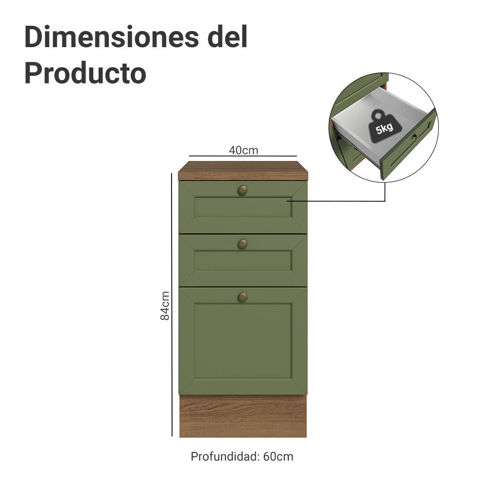 Bajo Mesada de Cocina 40 x 60 cm 3 Cajones (con Mesada) Marrón/Verde Vik Madesa