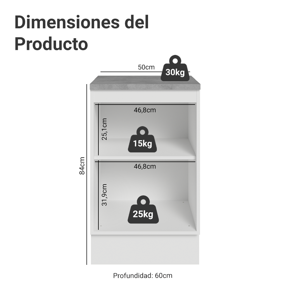 Bajo Mesada 50cm X 60 cm, 1 Puerta (Con Mesada) Blanco/Negro Lux Madesa