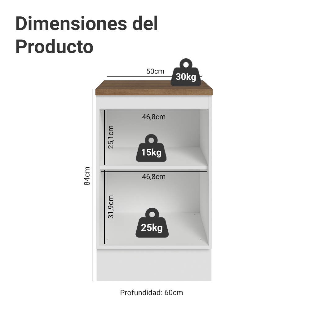 Bajo Mesada 50cm X 60 cm, 1 puerta Blanco/Blanco Aterciopelado/Marrón Lux Top Madesa