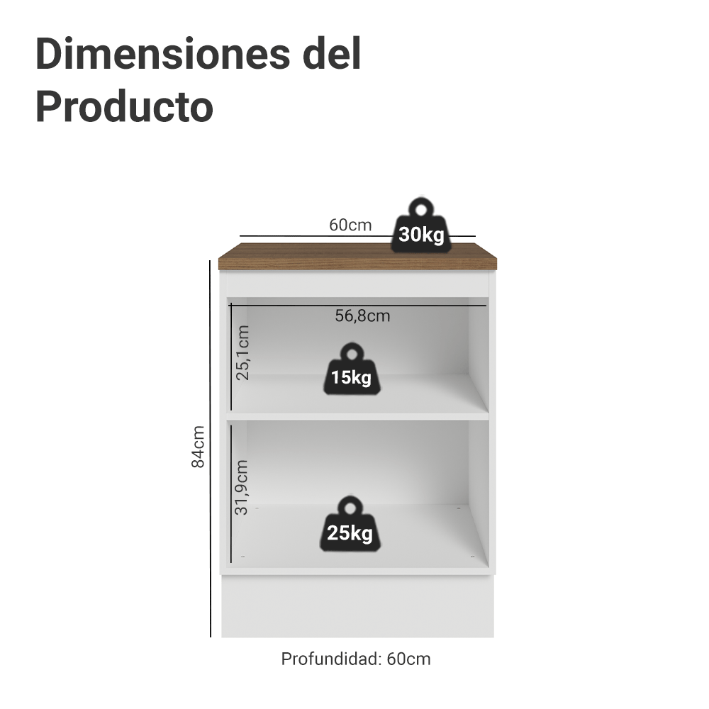 Bajo Mesada de Cocina 60 x 60 cm 1 Puerta (con Mesada) Blanco/Marrón Vik Madesa