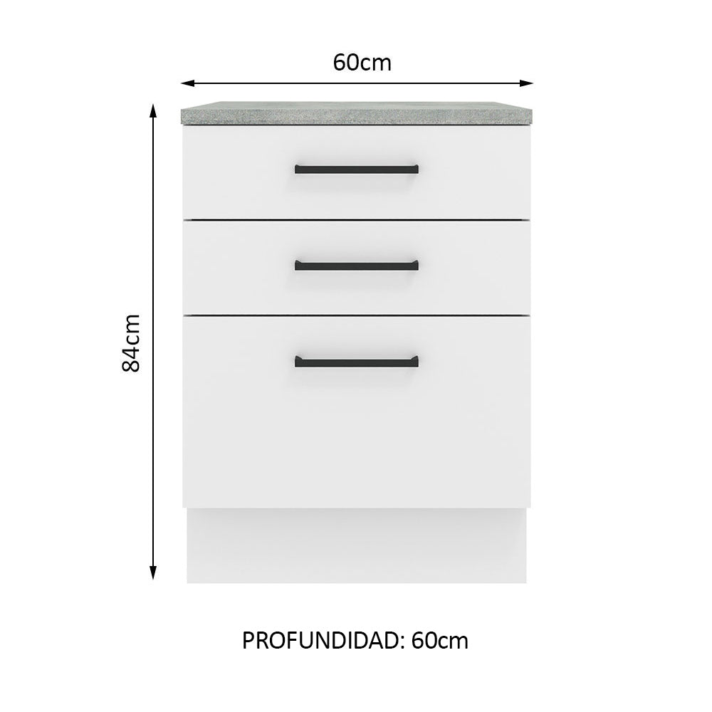 Bajo Mesada Cocina 60 x 60 cm 3 Cajones (Con Mesada) Blanco Agata Madesa