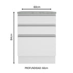 Bajo Mesada 60 x 60 cm 3 Cajones (Con Mesada) Blanco Glamy Madesa