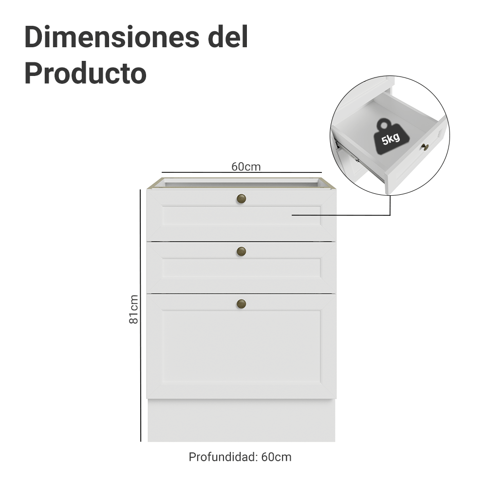 Bajo Mesada de Cocina 60 x 60 cm 3 Cajones (Sin Mesada) Blanco Vik Madesa
