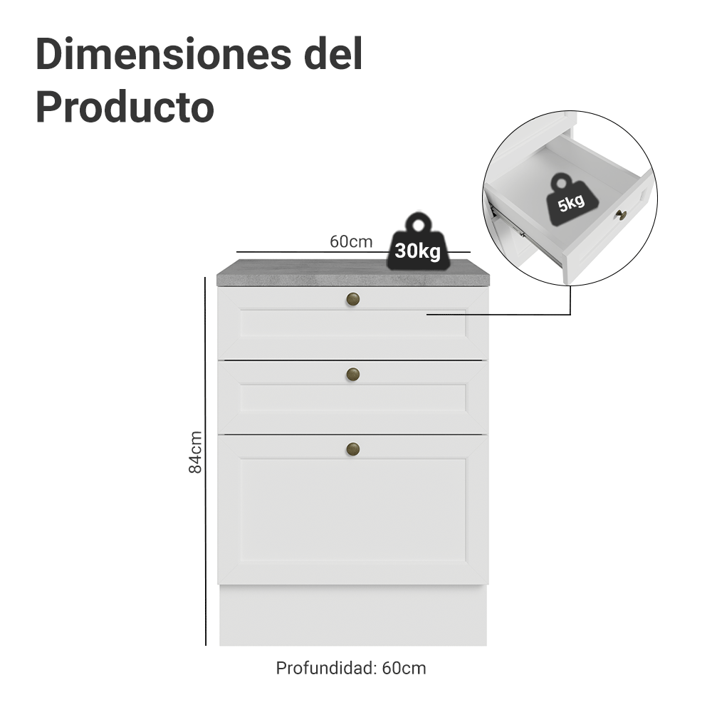 Bajo Mesada de Cocina 60 x 60 cm 3 Cajones (con Mesada) Blanco Vik Madesa