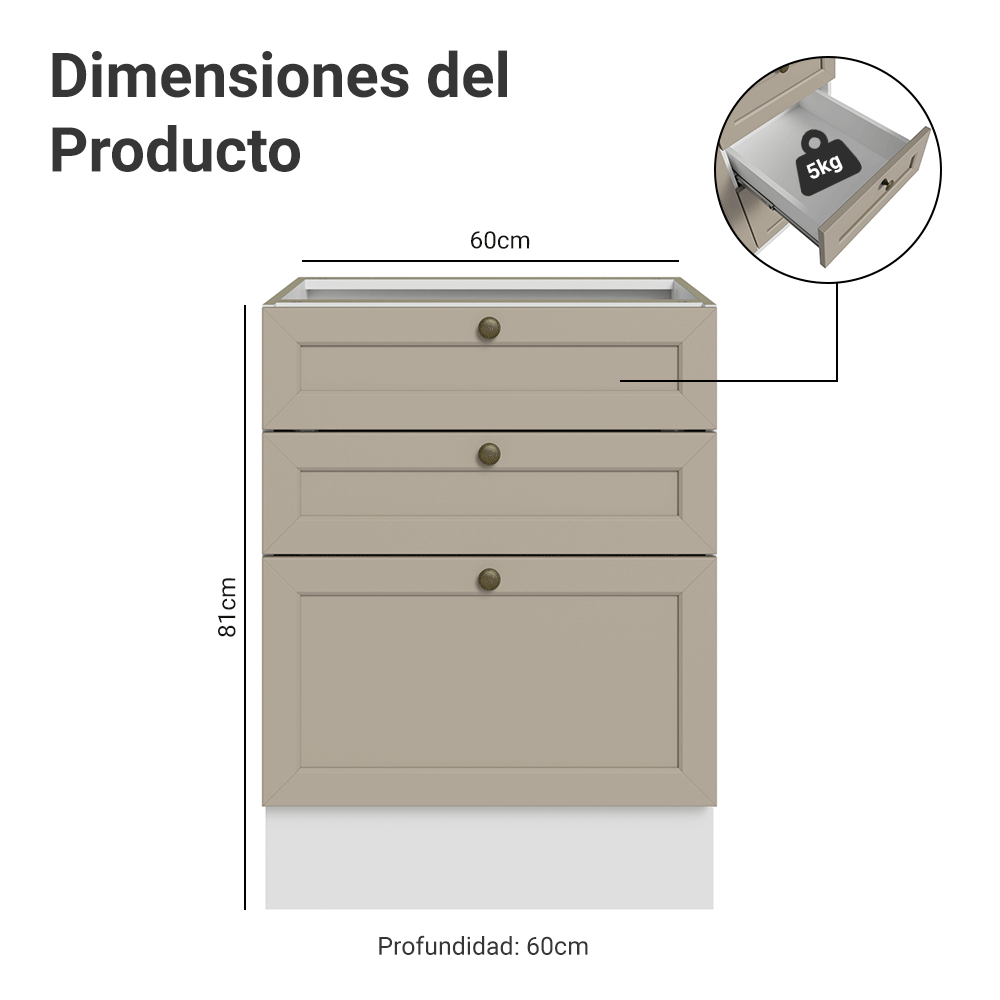 Bajo Mesada 60 x 60 cm 3 Cajones (Sin Mesada) Blanco/Crema Vik Madesa