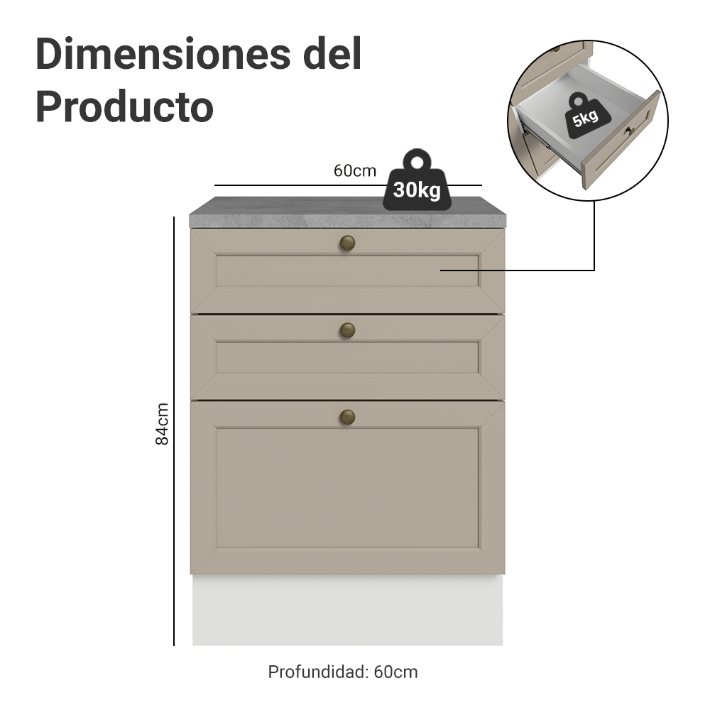 Bajo Mesada 60 x 60 cm 3 Cajones (Con Mesada) Blanco/Crema Vik Madesa