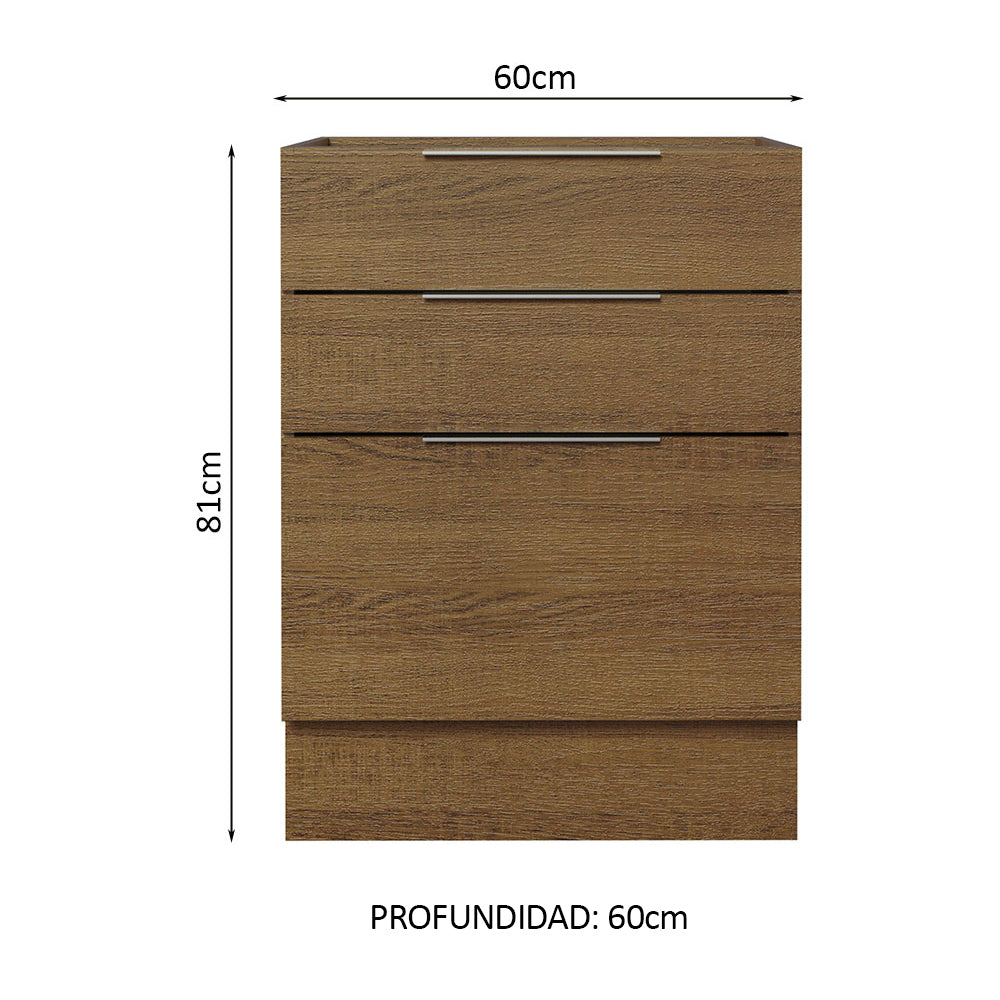 Bajo Mesada Cocina 60 x 60 cm 3 Cajones (Sin Mesada) Marrón Stella Madesa