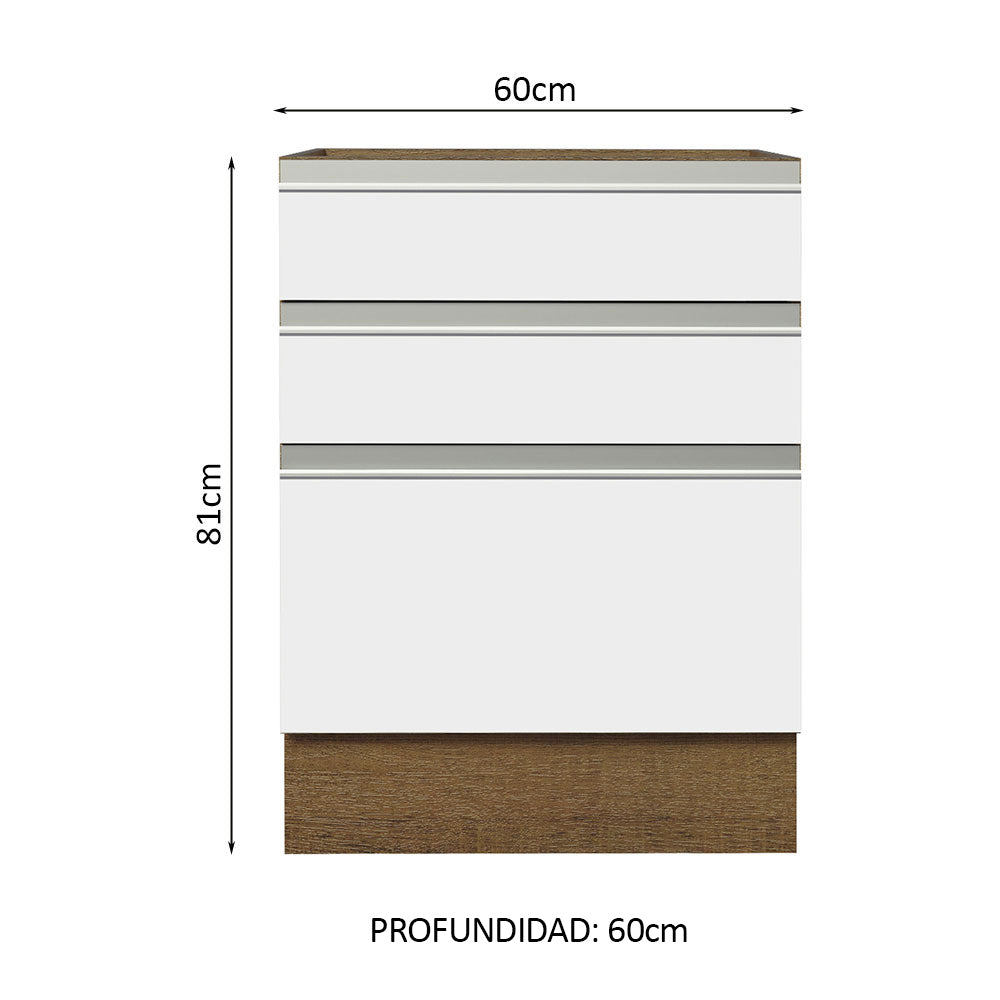 Bajo Mesada Cocina 60 x 60 cm 3 Cajones (Sin Mesada) Marrón/Blanco Glamy Madesa