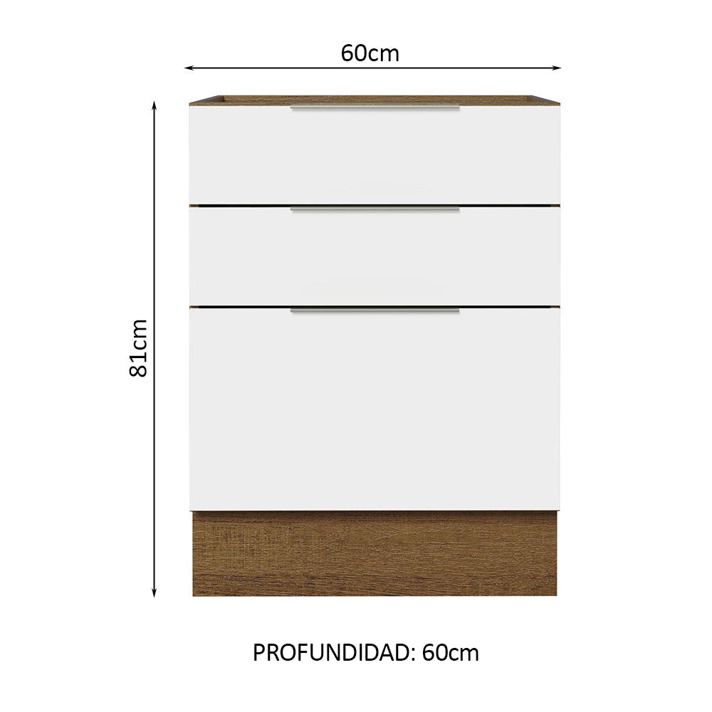 Bajo Mesada Cocina 60 x 60 cm 3 Cajones (Sin Mesada) Marrón/Blanco Stella Madesa