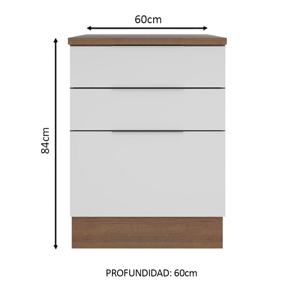 Bajo Mesada 60 x 60 cm 3 Cajones (Con Mesada) Marrón/Blanco Stella Madesa