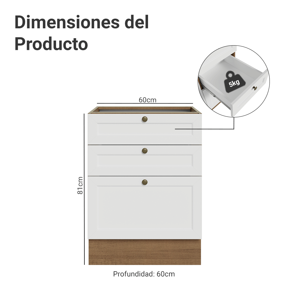 Bajo Mesada de Cocina 60 x 60 cm 3 Cajones (Sin Mesada) Marrón/Blanco Vik Madesa