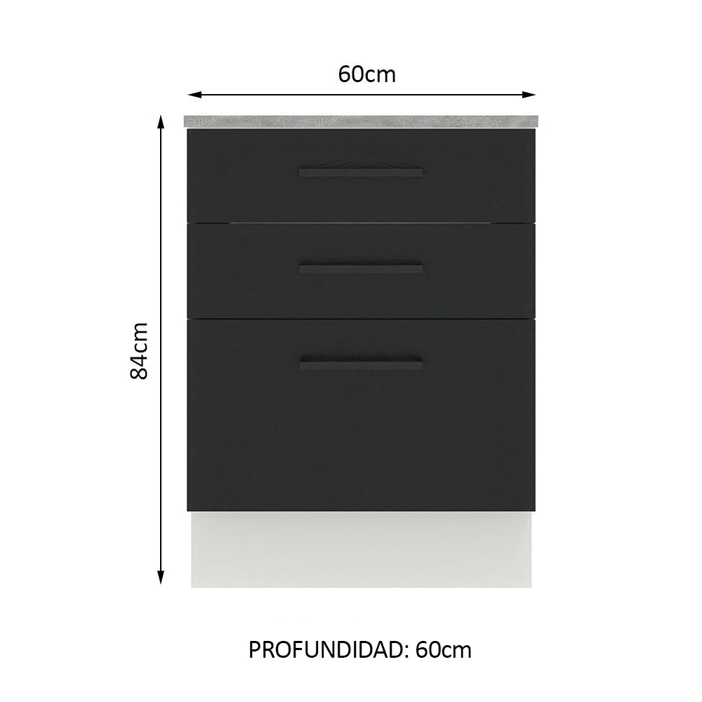 Bajo Mesada 60 x 60 cm 3 Cajones (Con Mesada) Blanco/Negro Agata Madesa