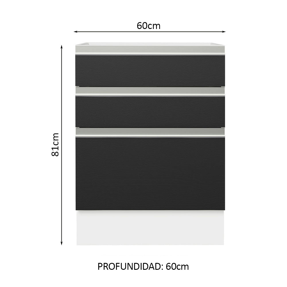 Bajo Mesada Cocina 60 x 60 cm 3 Cajones (Sin Mesada) Blanco/Negro Glamy Madesa