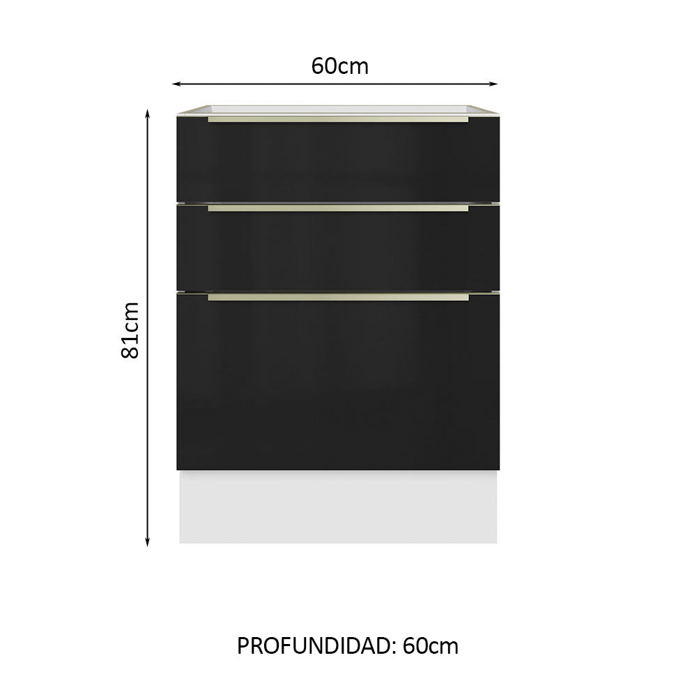 Bajo Mesada 60 cm x 60 cm, 3 Cajones Lux Blanco/Negro