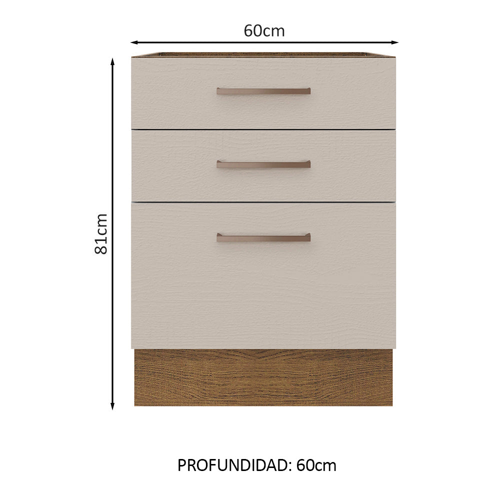 Bajo Mesada 60 x 60 cm 3 Cajones (Sin Mesada) Marrón/Crema Agata Madesa