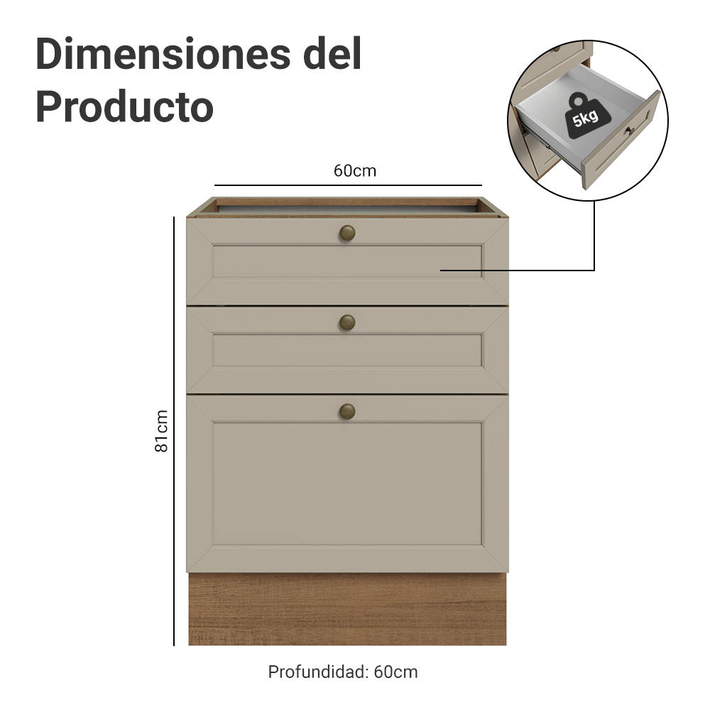 Bajo Mesada 60 x 60 cm 3 Cajones (Sin Mesada) Marrón/Crema Vik Madesa