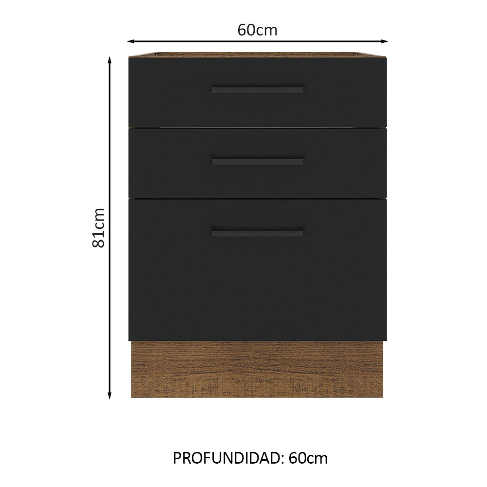 Bajo Mesada 60 x 60 cm 3 Cajones (Sin Mesada) Marrón/Negro Agata Madesa