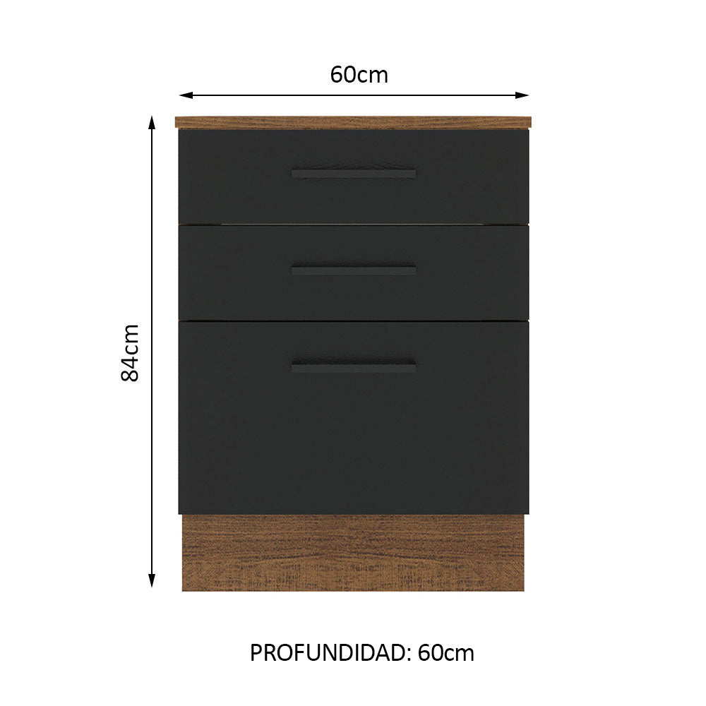 Bajo Mesada 60 x 60 cm 3 Cajones (Con Mesada) Marrón/Negro Agata Madesa