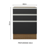 Bajo Mesada Cocina 60 x 60 cm 3 Cajones (Sin Mesada) Marrón/Negro Glamy Madesa