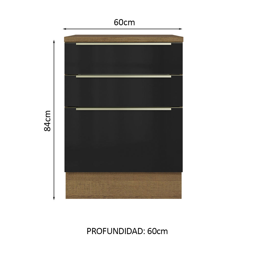 Bajo Mesada 60 cm x 60 cm, 3 Cajones Lux Marrón/Negro