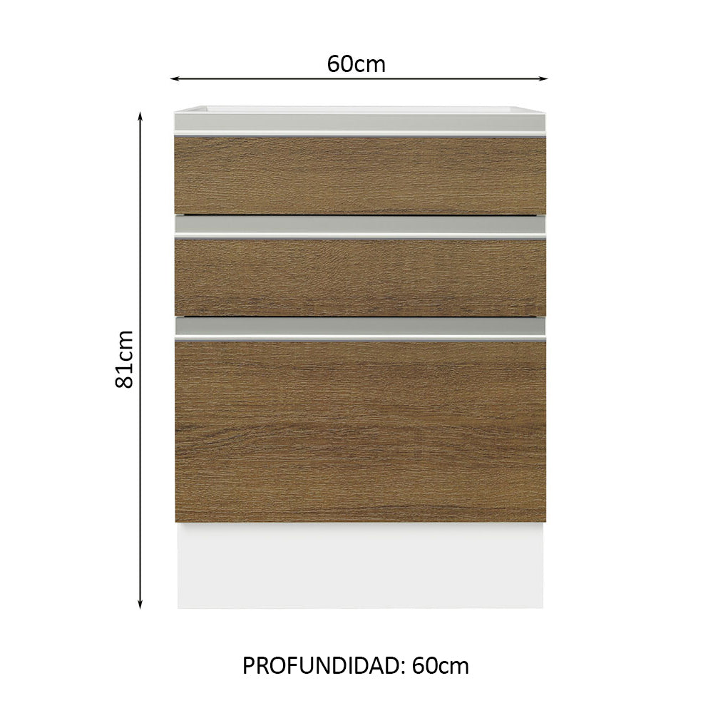 Bajo Mesada Cocina 60 x 60 cm 3 Cajones (Sin Mesada) Blanco/Marrón Glamy Madesa