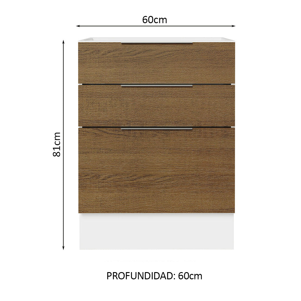 Bajo Mesada Cocina 60 x 60 cm 3 Cajones (Sin Mesada) Blanco/Marrón Stella Madesa