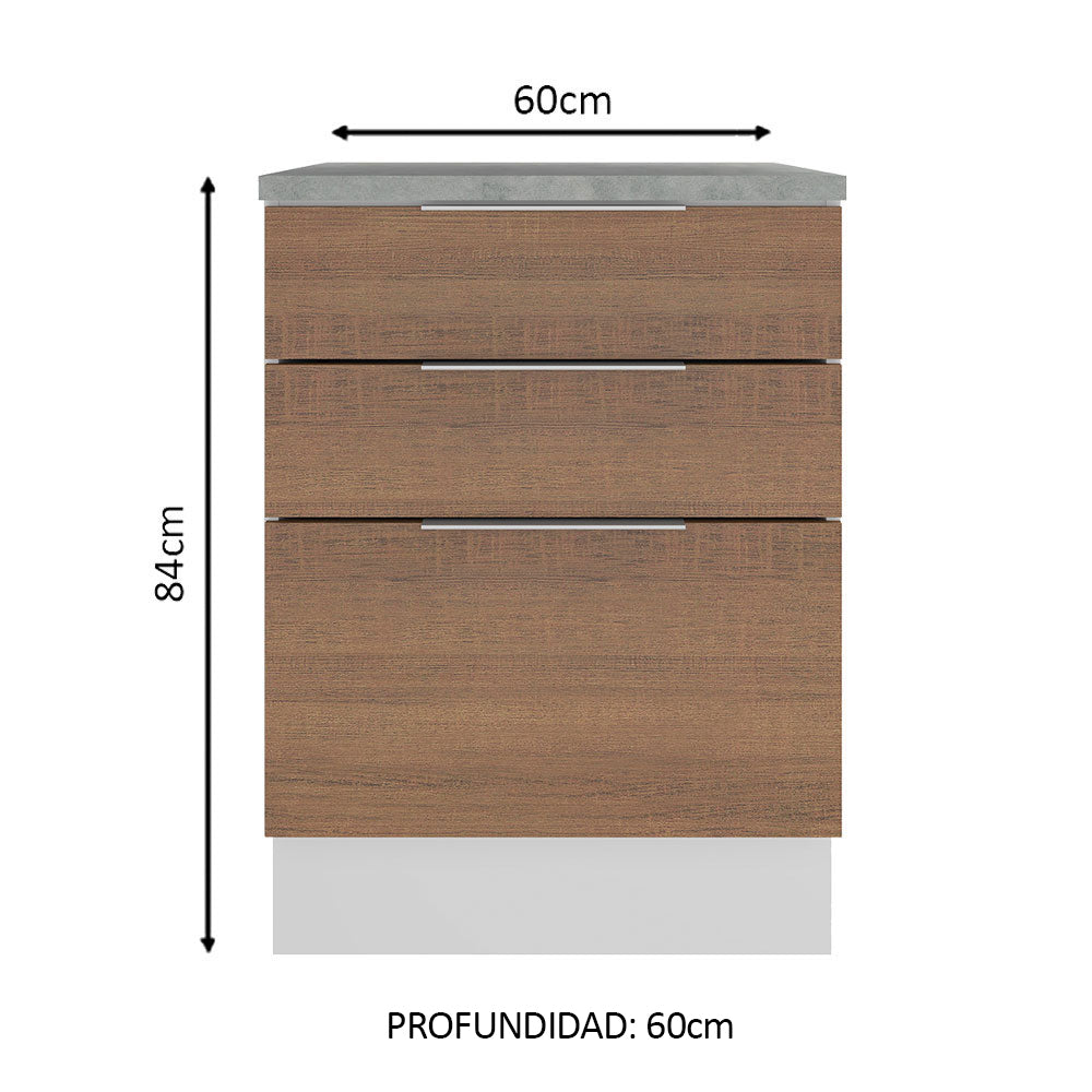 Bajo Mesada Cocina 60 x 60 cm 3 Cajones (Con Mesada) Blanco/Marrón Stella Madesa