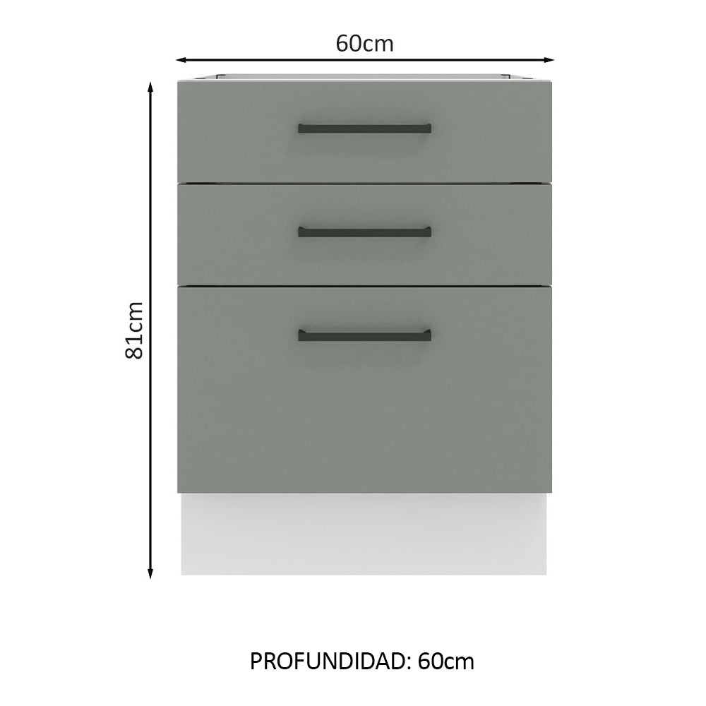 Bajo Mesada Cocina 60 x 60 cm 3 Cajones (Sin Mesada) Blanco/Gris Agata Madesa