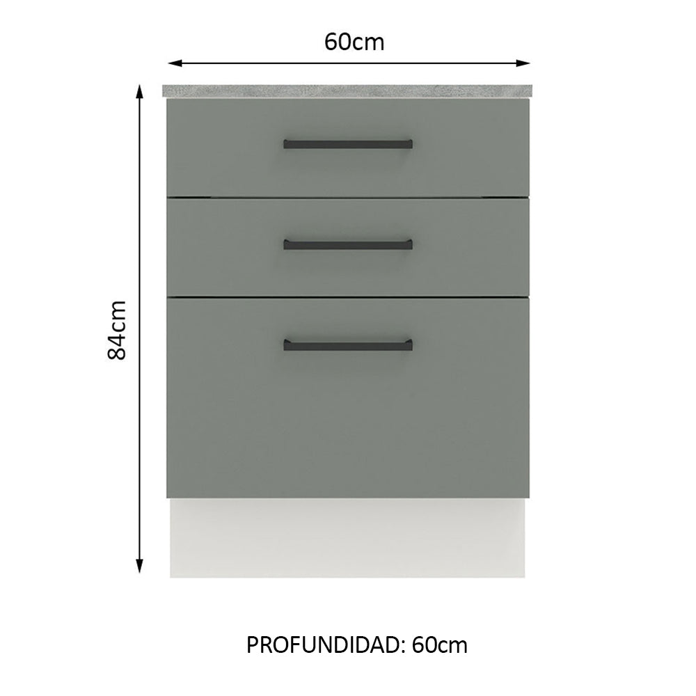 Bajo Mesada Cocina 60 x 60 cm 3 Cajones (Con Mesada) Blanco/Gris Agata Madesa