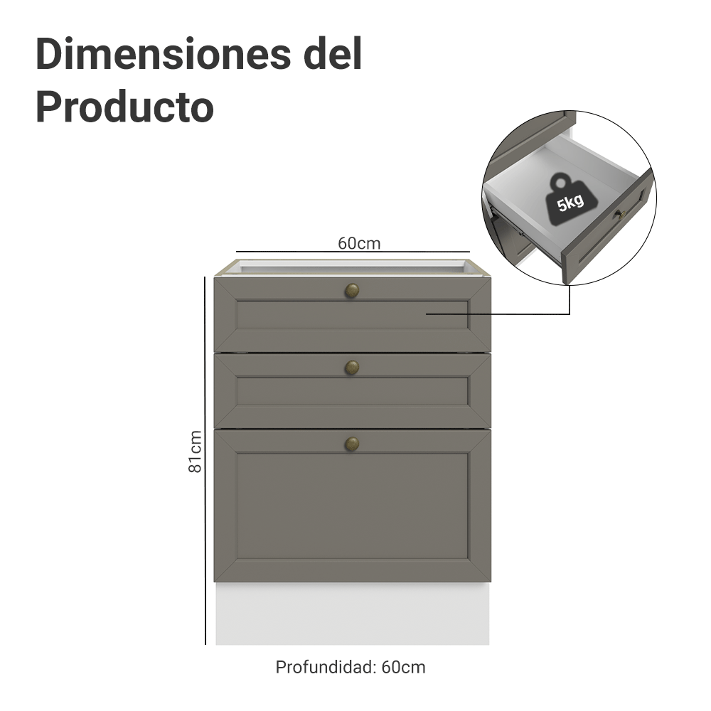 Bajo Mesada de Cocina 60 x 60 cm 3 Cajones (Sin Mesada) Blanco/Gris Vik Madesa