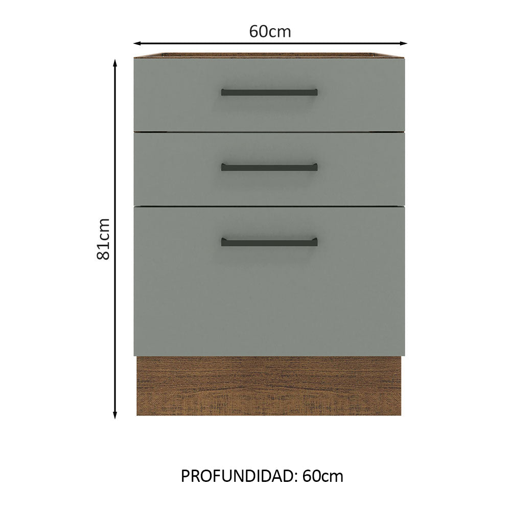 Bajo Mesada Cocina 60 x 60 cm 3 Cajones (Sin Mesada) Marrón/Gris Agata Madesa
