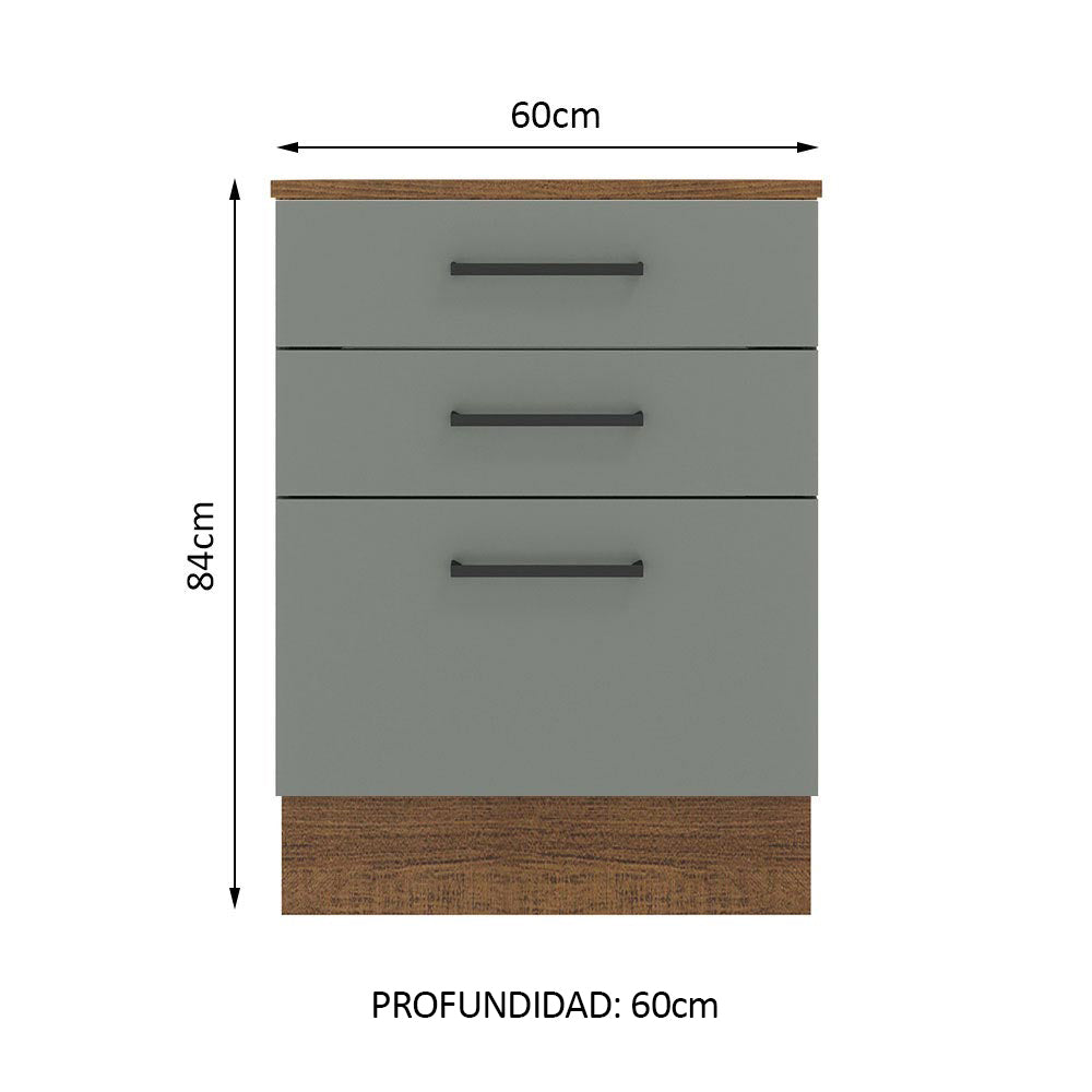 Bajo Mesada Cocina 60 x 60 cm 3 Cajones (Con Mesada) Marrón/Gris Agata Madesa