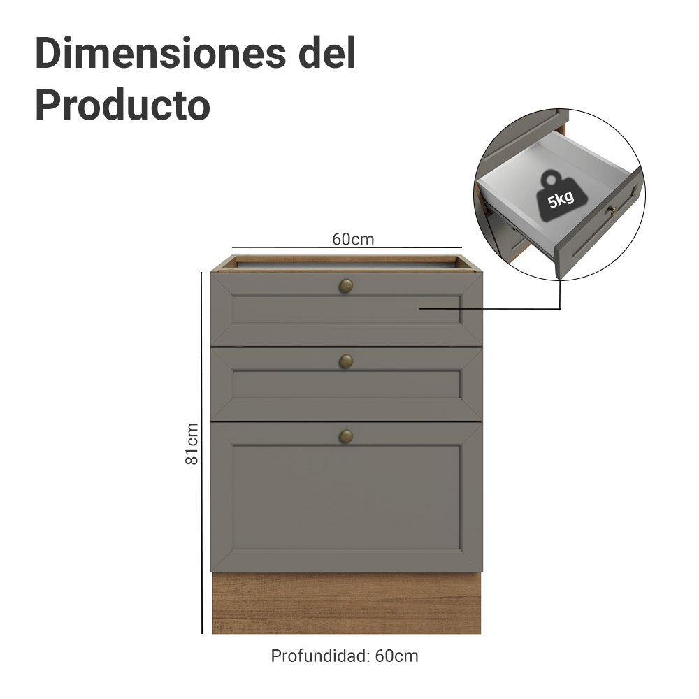 Bajo Mesada de Cocina 60 x 60 cm 3 Cajones (Sin Mesada) Marrón/Gris Vik Madesa