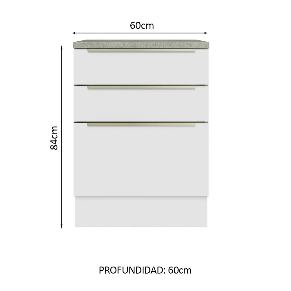 Bajo Mesada 60 cm x 60 cm, 3 Cajones Lux Blanco/Blanco
