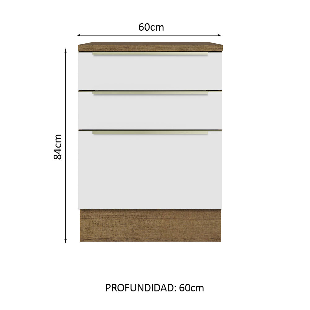 Bajo Mesada 60 x 60 cm 3 Cajones (Con Mesada) Marrón/Blanco Lux Madesa
